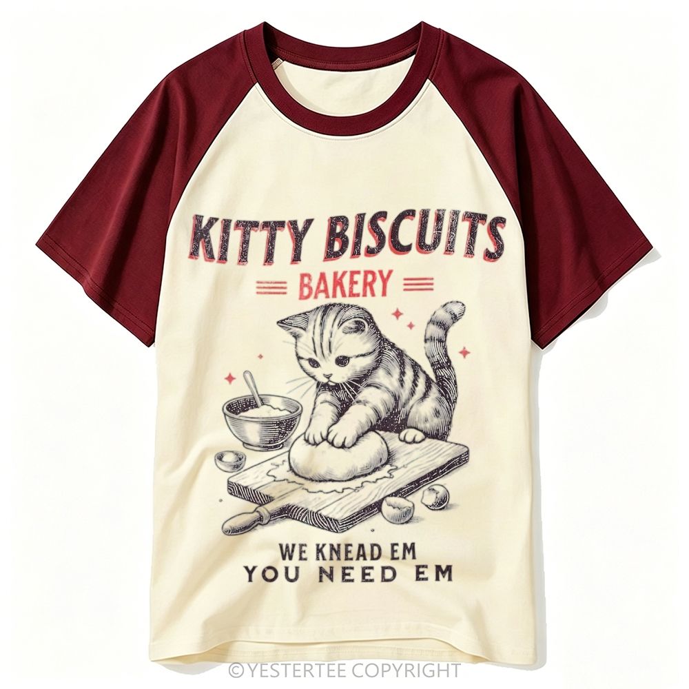 Engraved Kneading Bakery Tabby Cat Pun Quote Baseball T-shirt 