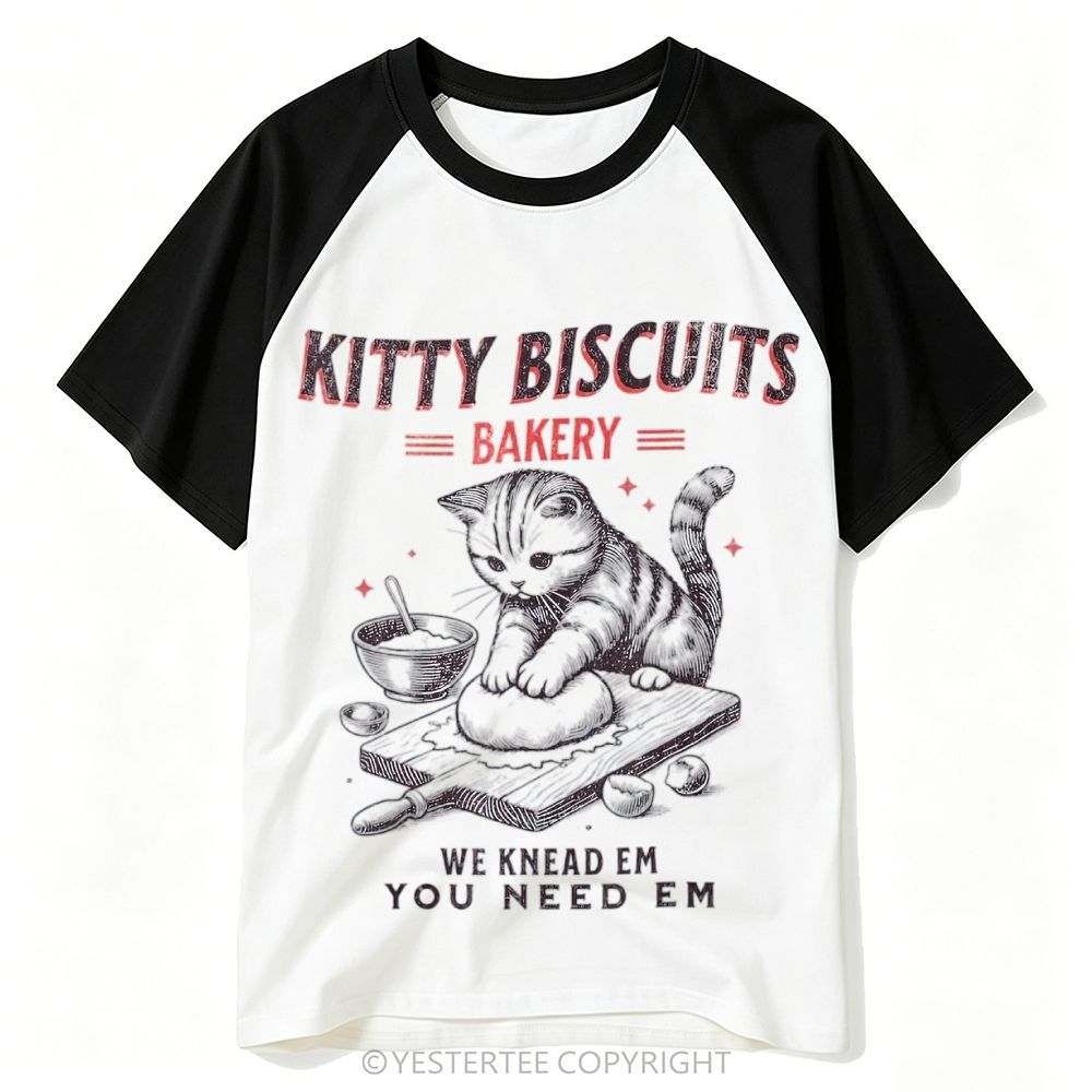 Engraved Kneading Bakery Tabby Cat Pun Quote Baseball T-shirt 