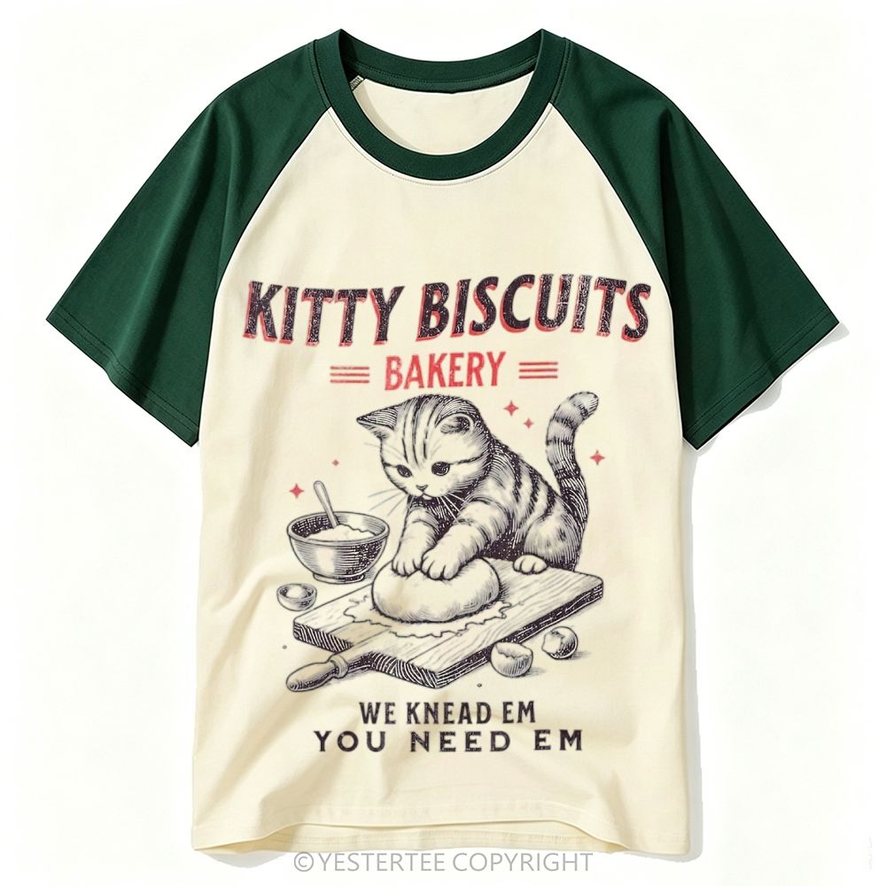 Engraved Kneading Bakery Tabby Cat Pun Quote Baseball T-shirt 