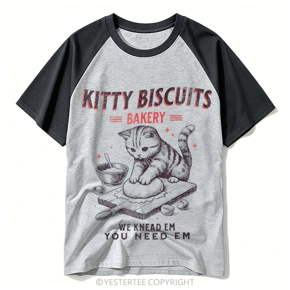Engraved Kneading Bakery Tabby Cat Pun Quote Baseball T-shirt 