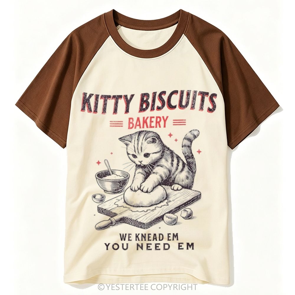 Engraved Kneading Bakery Tabby Cat Pun Quote Baseball T-shirt 