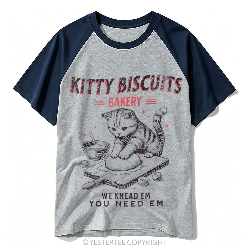 Engraved Kneading Bakery Tabby Cat Pun Quote Baseball T-shirt 