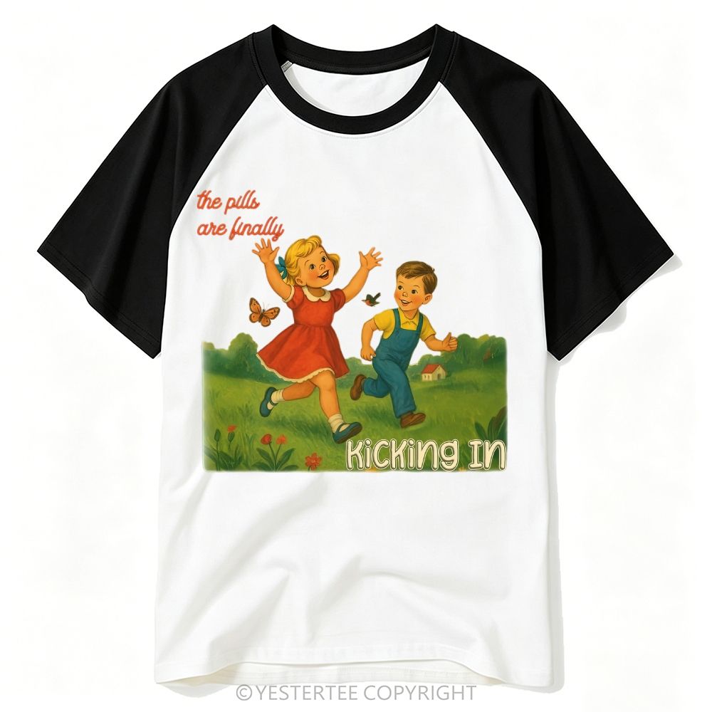 Retro Children’s Book Art Sarcastic Dark Humor Kids Meadow Baseball T-shirt 