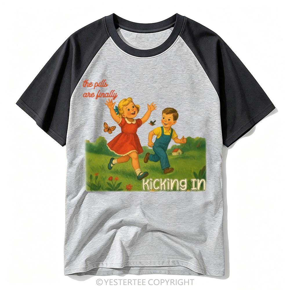 Retro Children’s Book Art Sarcastic Dark Humor Kids Meadow Baseball T-shirt 