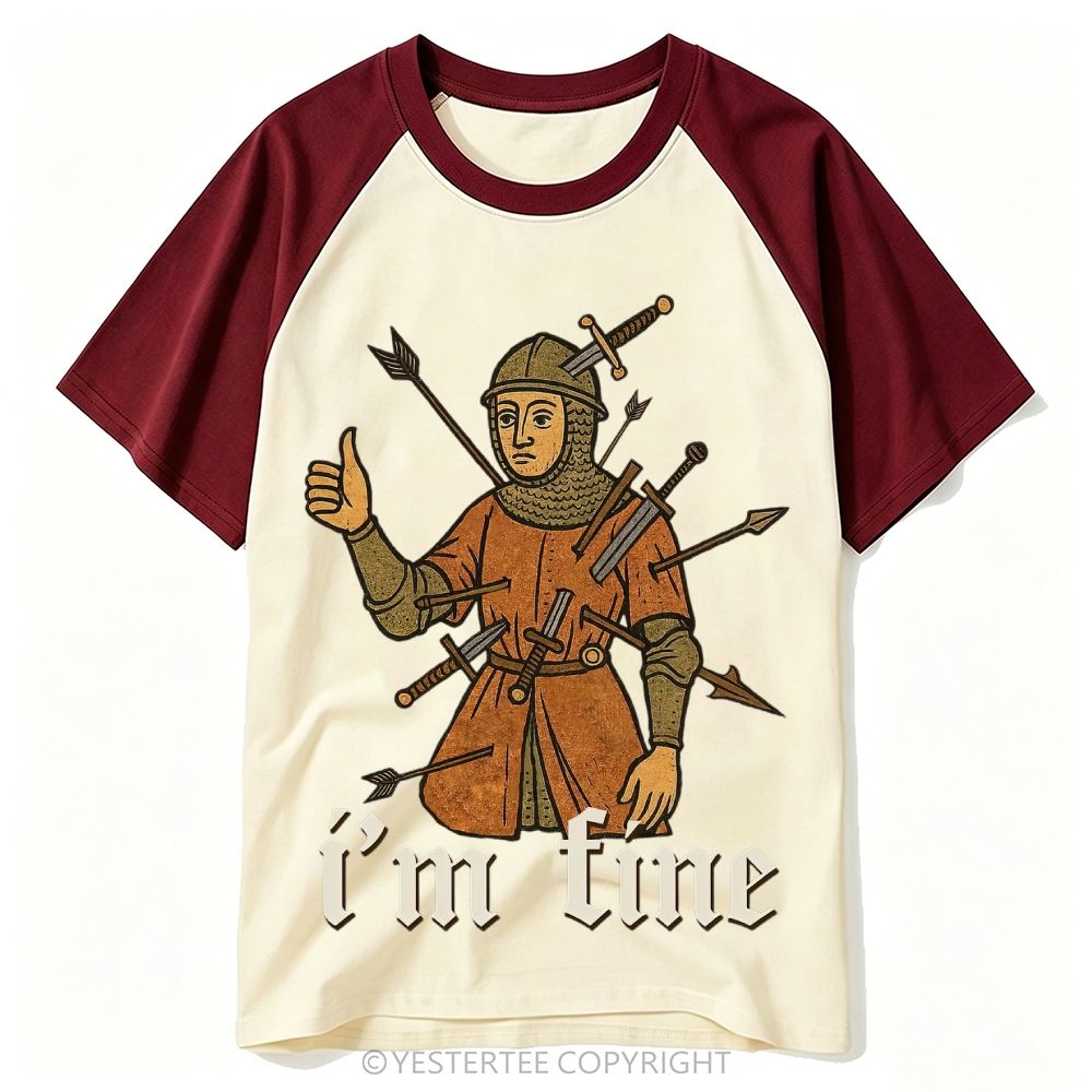Medieval Manuscript Knight Full Of Swords Thumbs Up "I’m Fine" Baseball T-shirt
