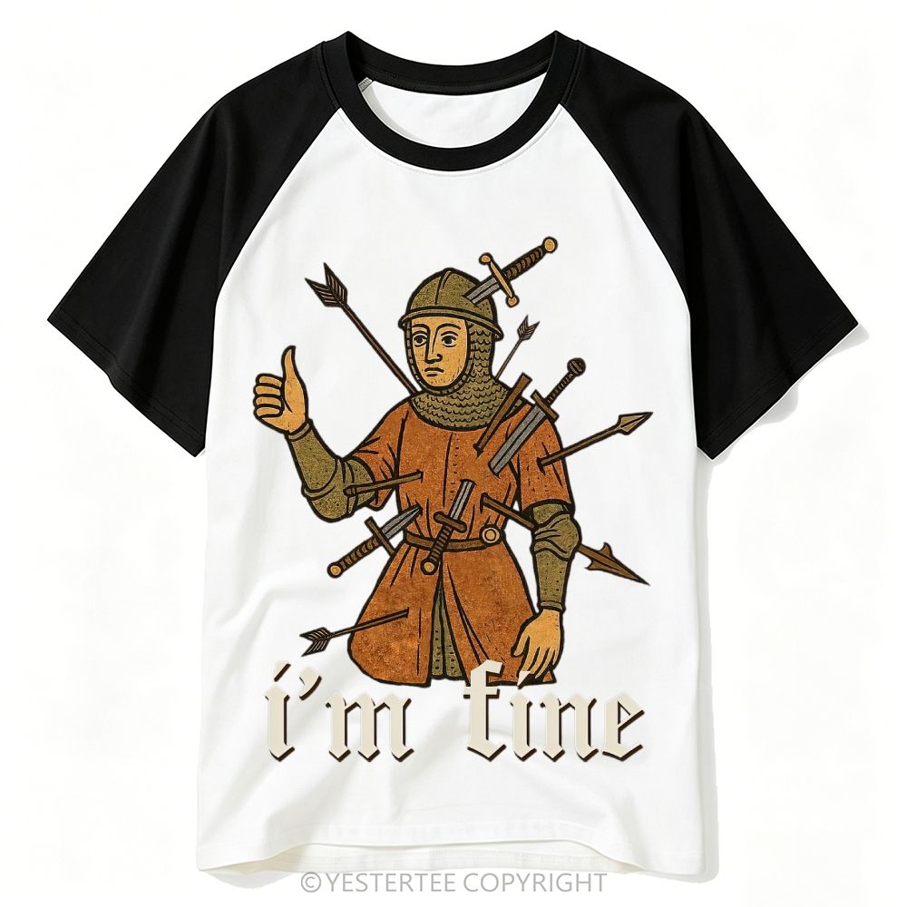 Medieval Manuscript Knight Full Of Swords Thumbs Up "I’m Fine" Baseball T-shirt