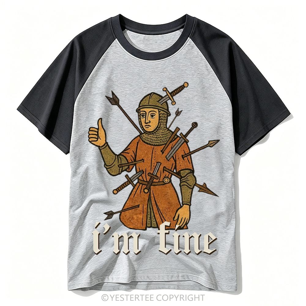 Medieval Manuscript Knight Full Of Swords Thumbs Up "I’m Fine" Baseball T-shirt