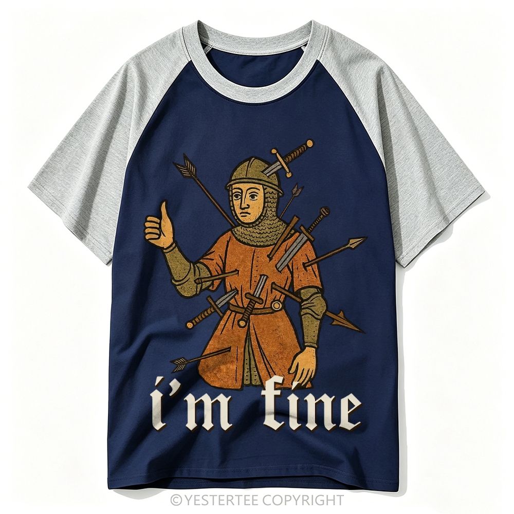 Medieval Manuscript Knight Full Of Swords Thumbs Up "I’m Fine" Baseball T-shirt