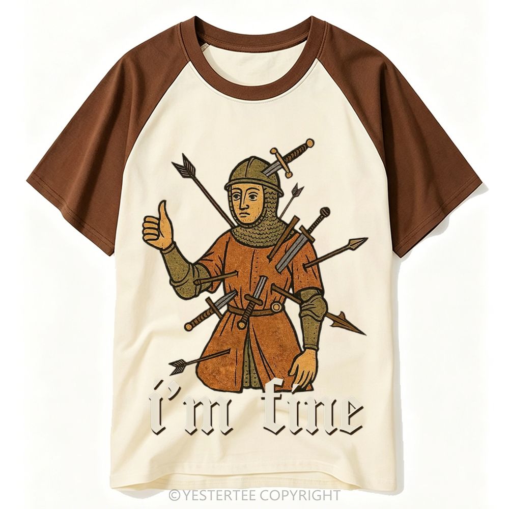 Medieval Manuscript Knight Full Of Swords Thumbs Up "I’m Fine" Baseball T-shirt
