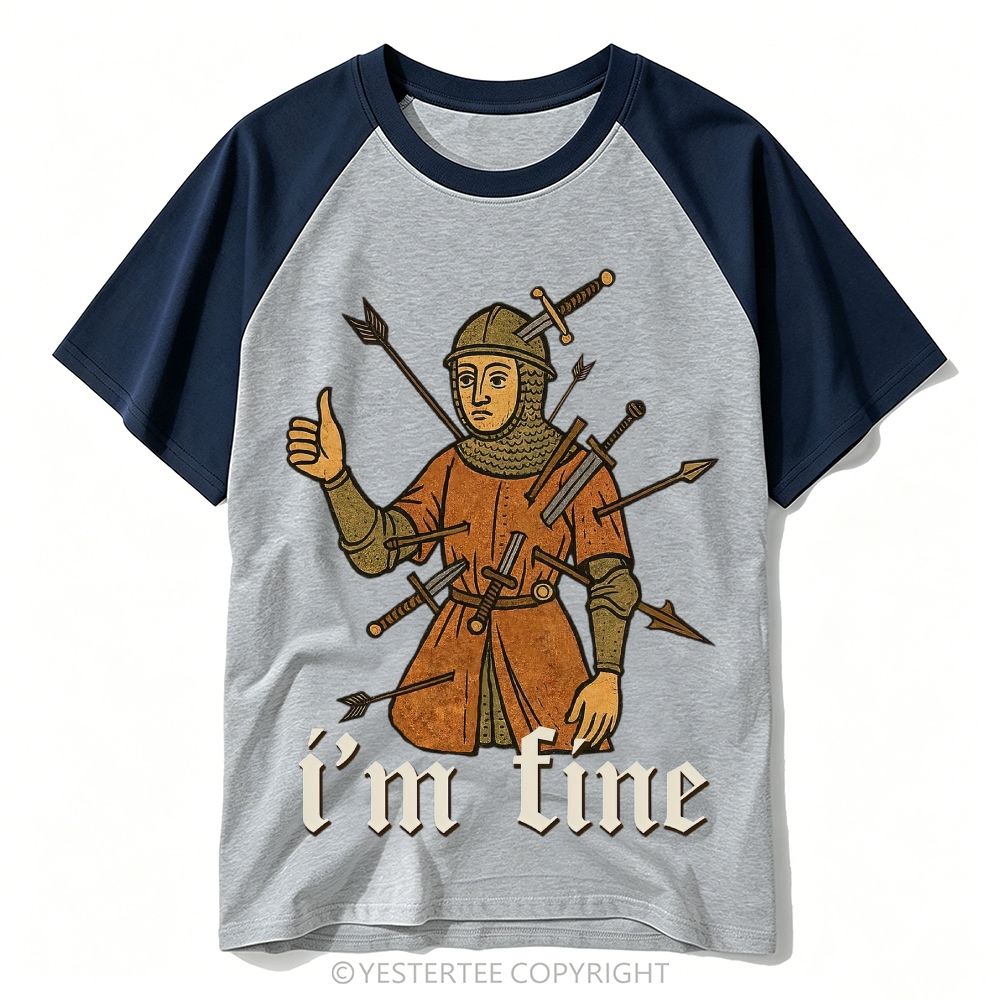 Medieval Manuscript Knight Full Of Swords Thumbs Up "I’m Fine" Baseball T-shirt