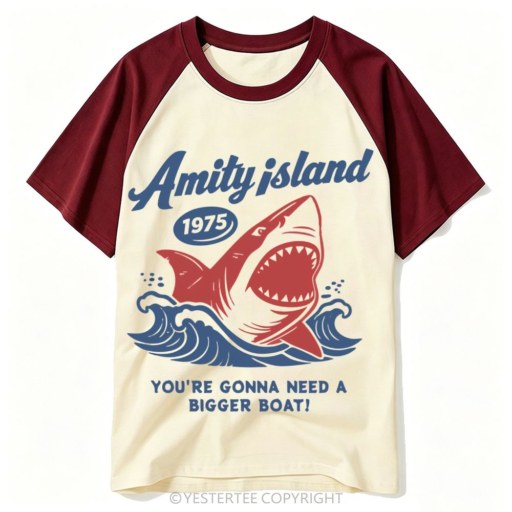 Retro Surf Style Giant Shark "Amity Island 1975" Baseball T-shirt