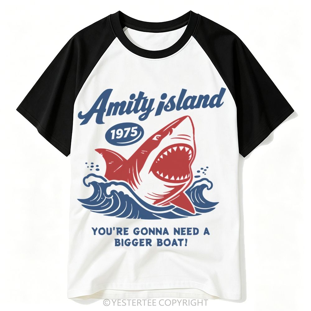 Retro Surf Style Giant Shark "Amity Island 1975" Baseball T-shirt