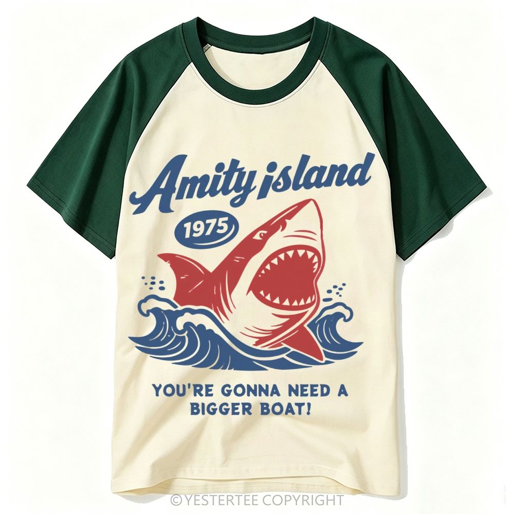 Retro Surf Style Giant Shark "Amity Island 1975" Baseball T-shirt