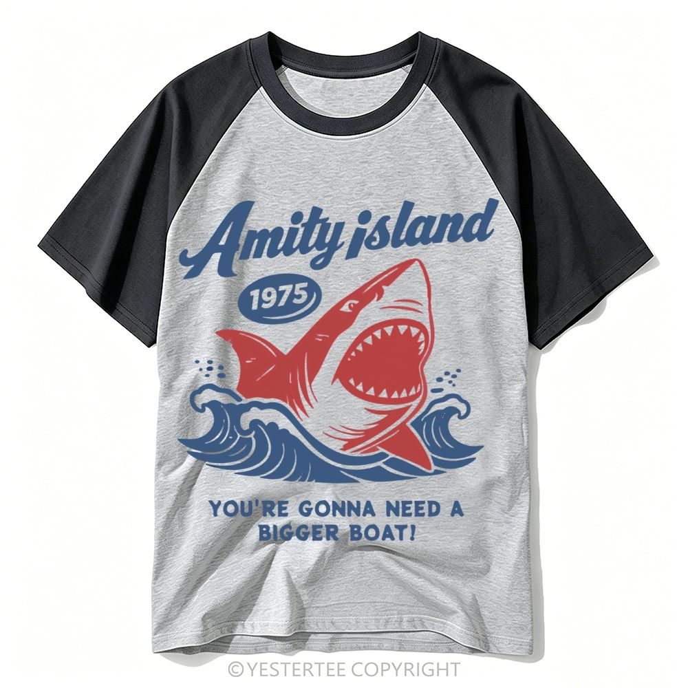 Retro Surf Style Giant Shark "Amity Island 1975" Baseball T-shirt