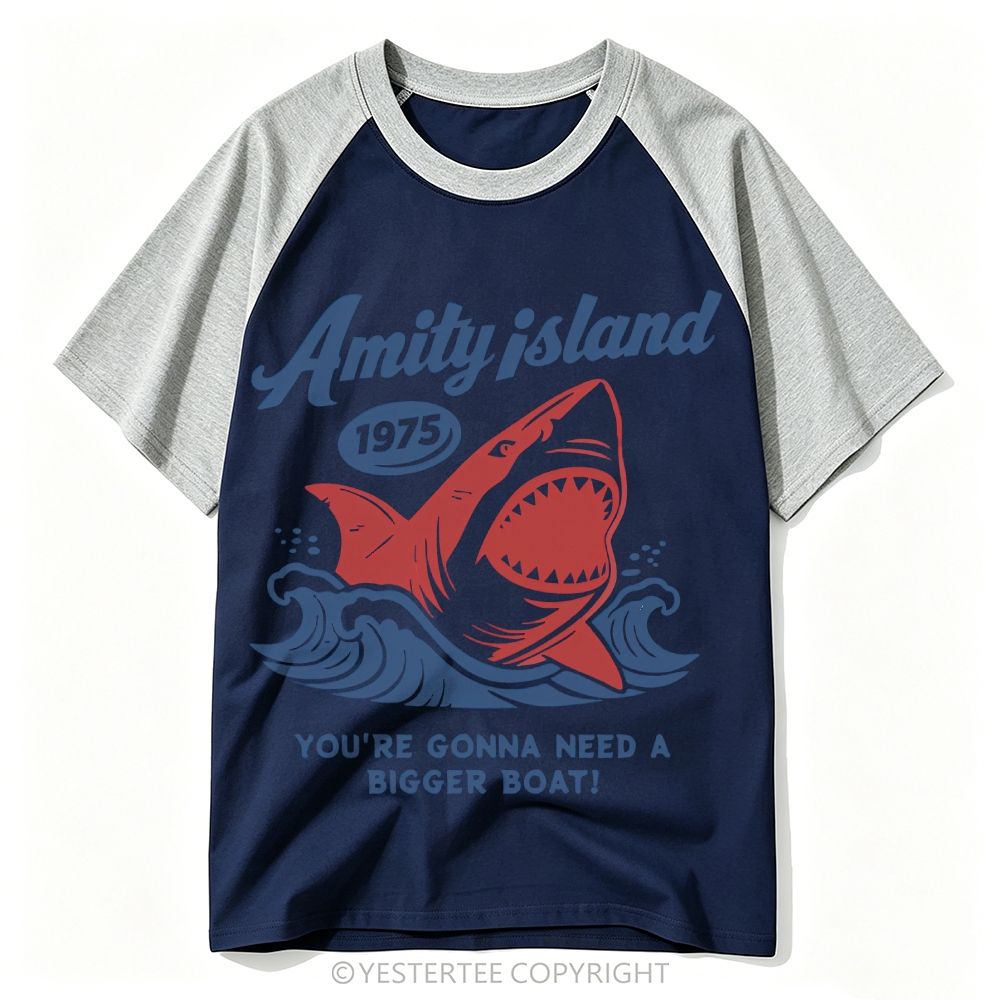 Retro Surf Style Giant Shark "Amity Island 1975" Baseball T-shirt