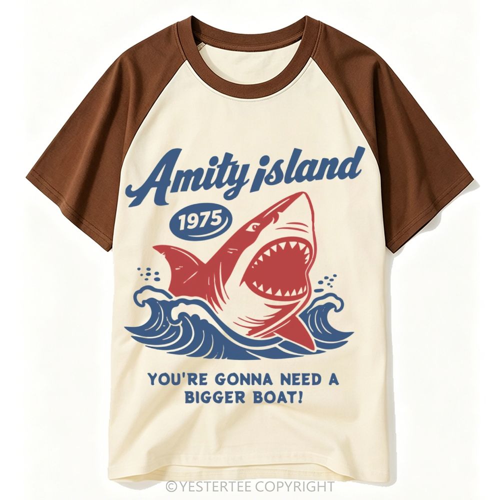 Retro Surf Style Giant Shark "Amity Island 1975" Baseball T-shirt