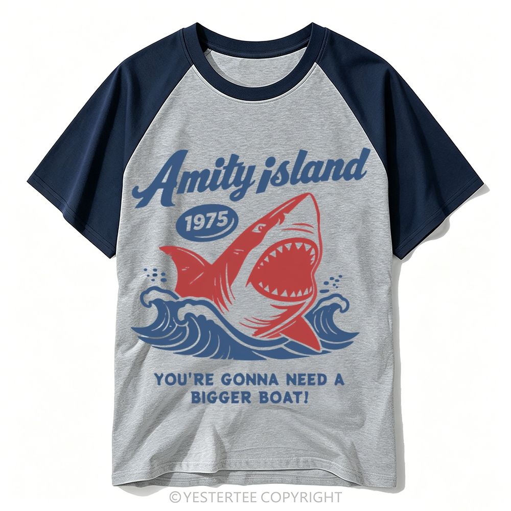 Retro Surf Style Giant Shark "Amity Island 1975" Baseball T-shirt
