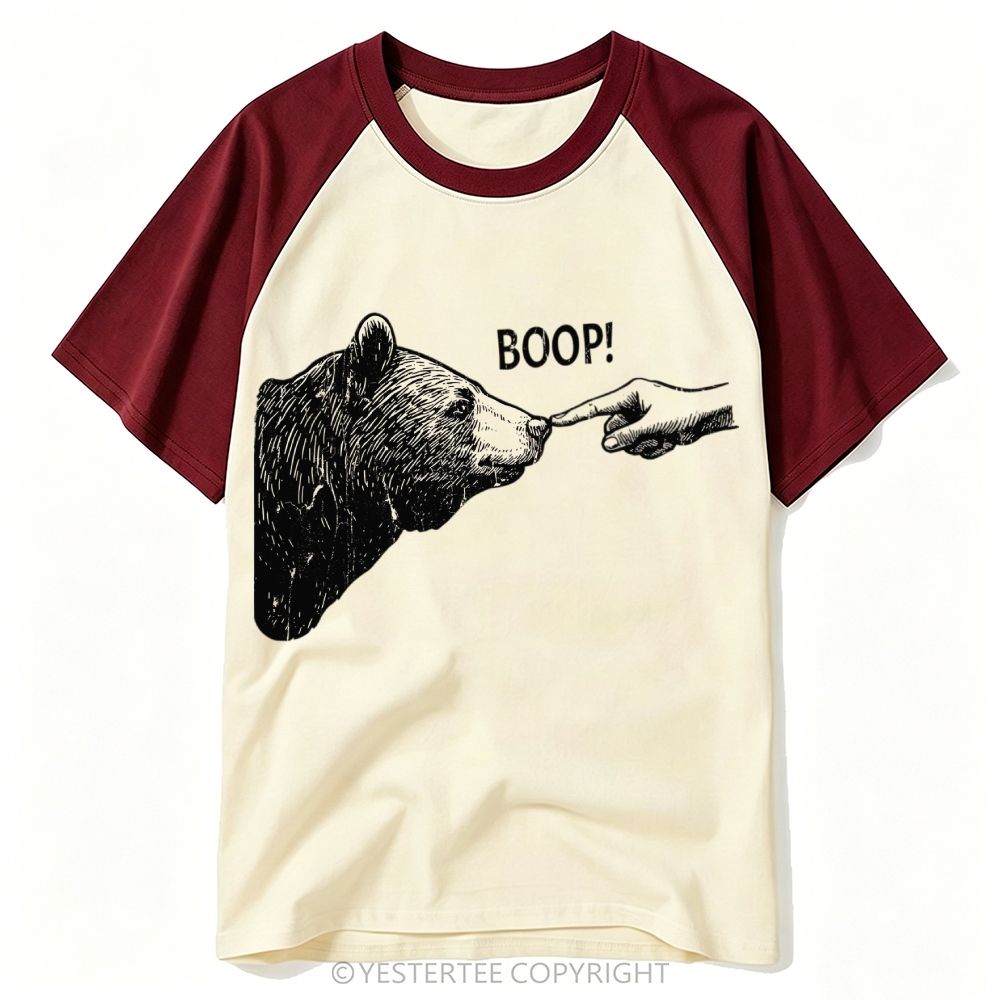 Engraved Hand Booping Bear Nose Minimal Baseball T-shirt