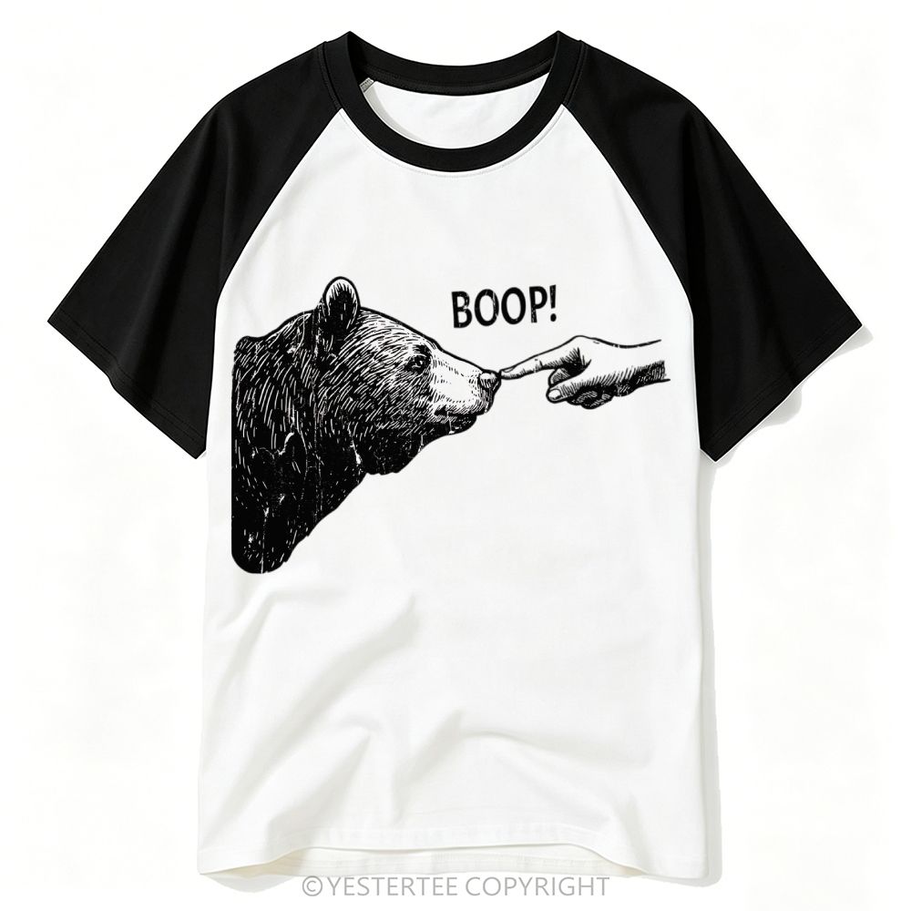 Engraved Hand Booping Bear Nose Minimal Baseball T-shirt
