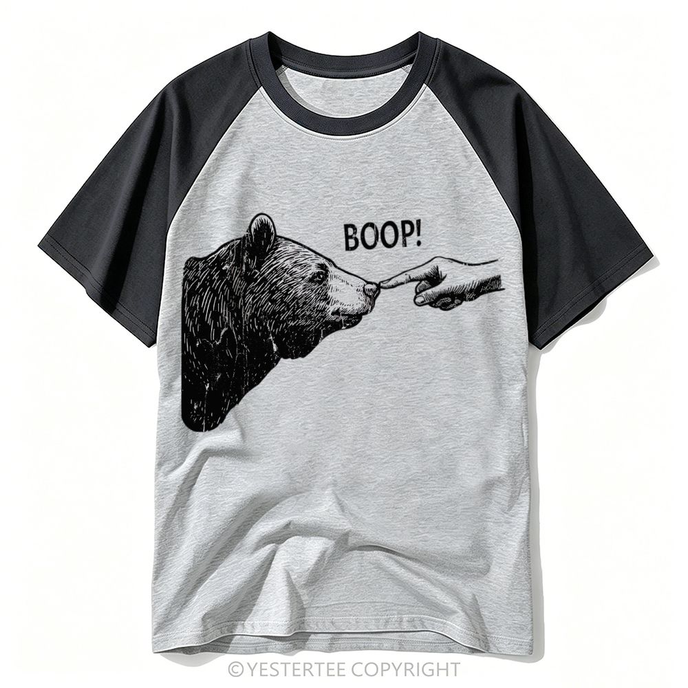 Engraved Hand Booping Bear Nose Minimal Baseball T-shirt