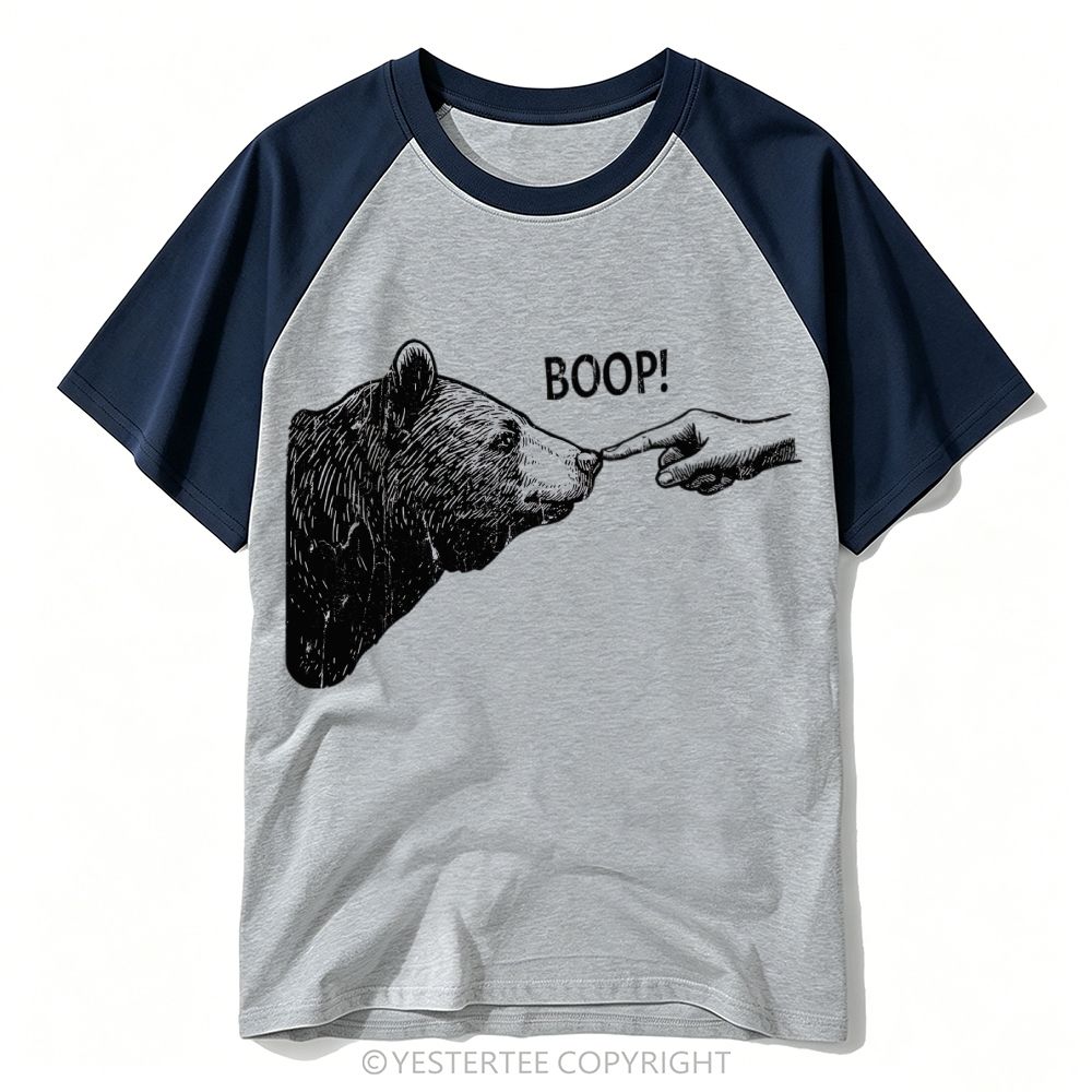 Engraved Hand Booping Bear Nose Minimal Baseball T-shirt