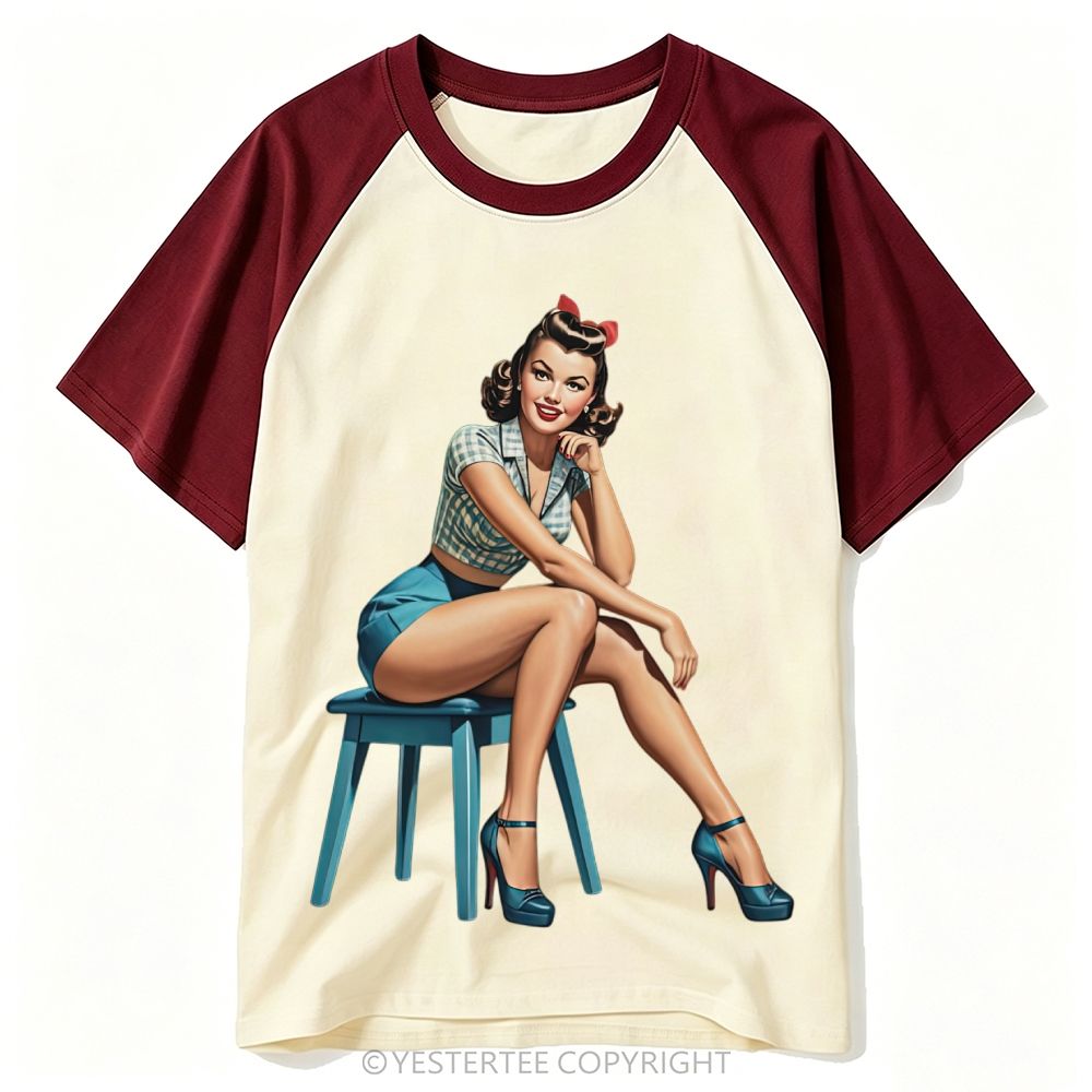 Classic Retro Pin-Up Lady Stool Portrait Solid Baseball T-shirt