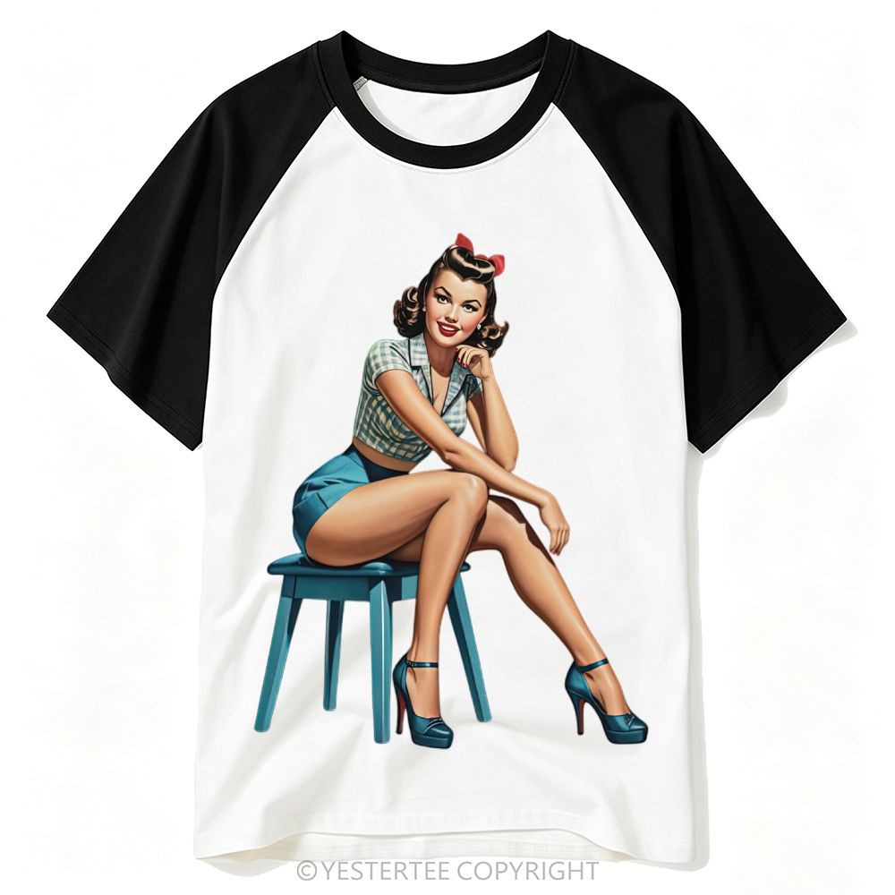 Classic Retro Pin-Up Lady Stool Portrait Solid Baseball T-shirt