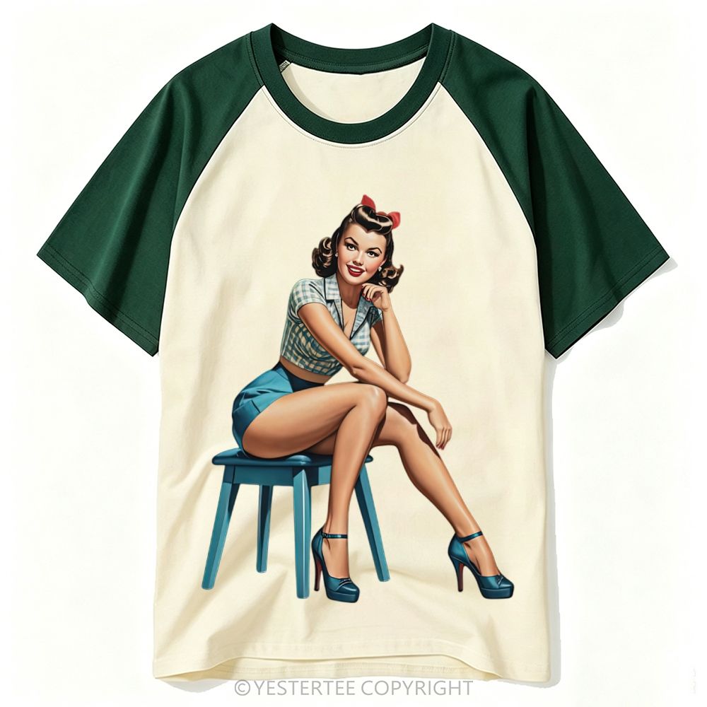 Classic Retro Pin-Up Lady Stool Portrait Solid Baseball T-shirt