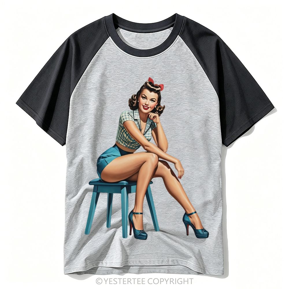 Classic Retro Pin-Up Lady Stool Portrait Solid Baseball T-shirt