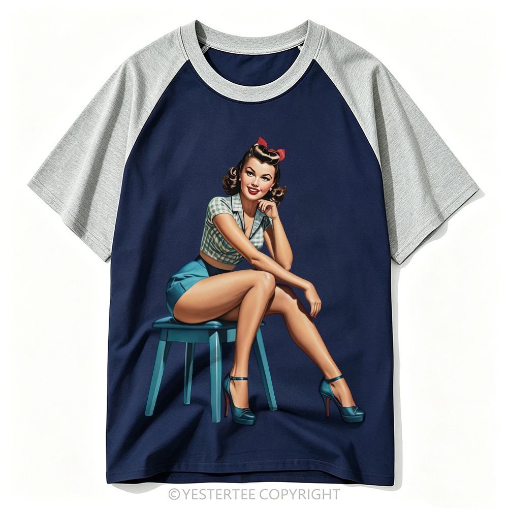 Classic Retro Pin-Up Lady Stool Portrait Solid Baseball T-shirt