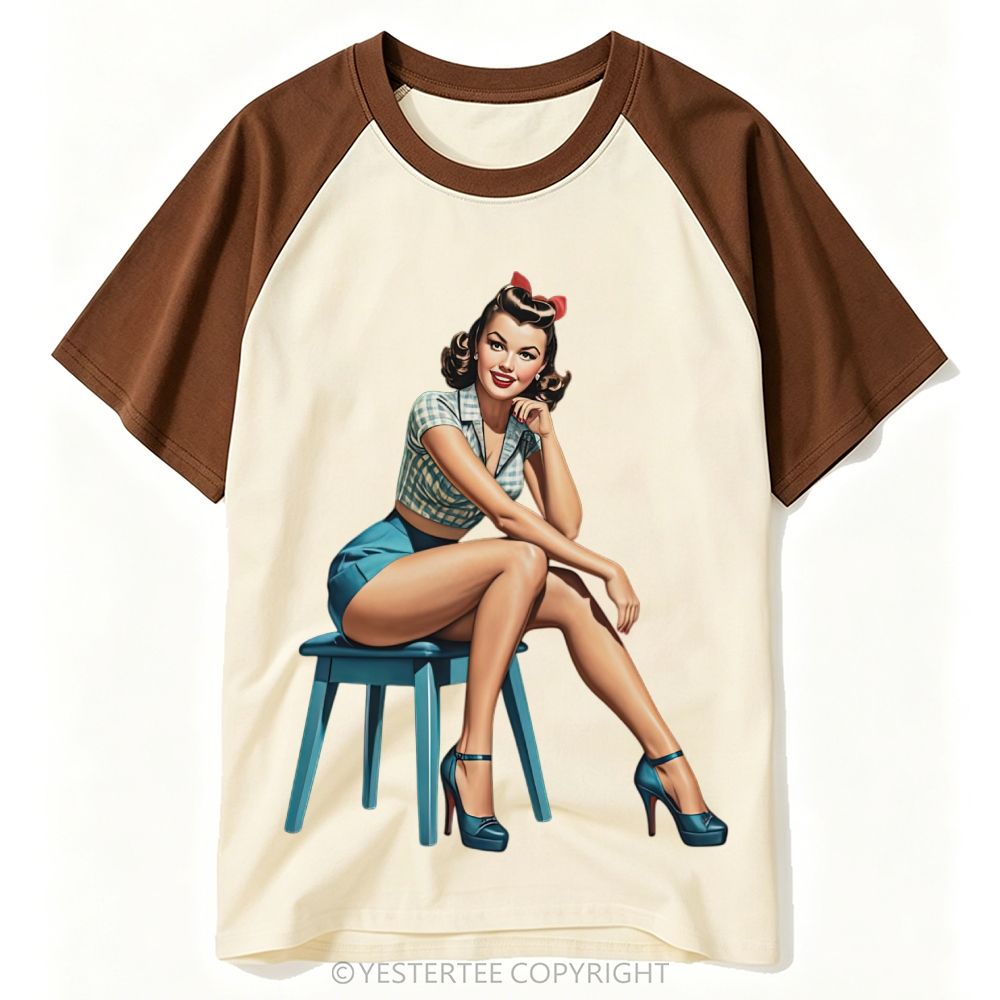 Classic Retro Pin-Up Lady Stool Portrait Solid Baseball T-shirt
