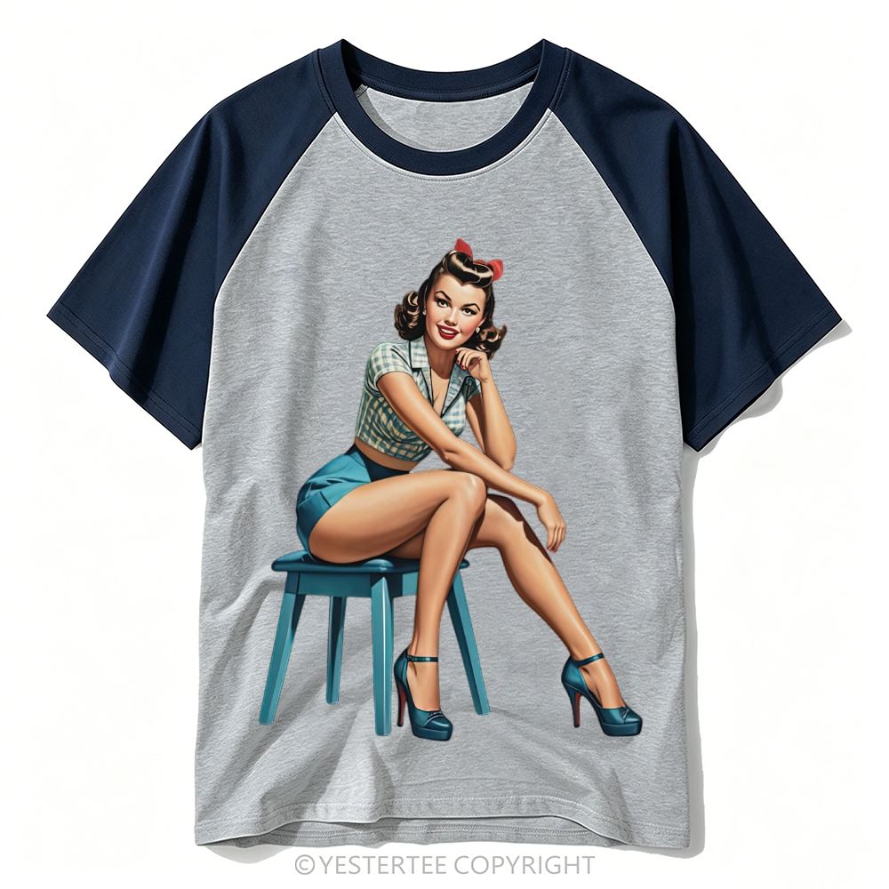Classic Retro Pin-Up Lady Stool Portrait Solid Baseball T-shirt