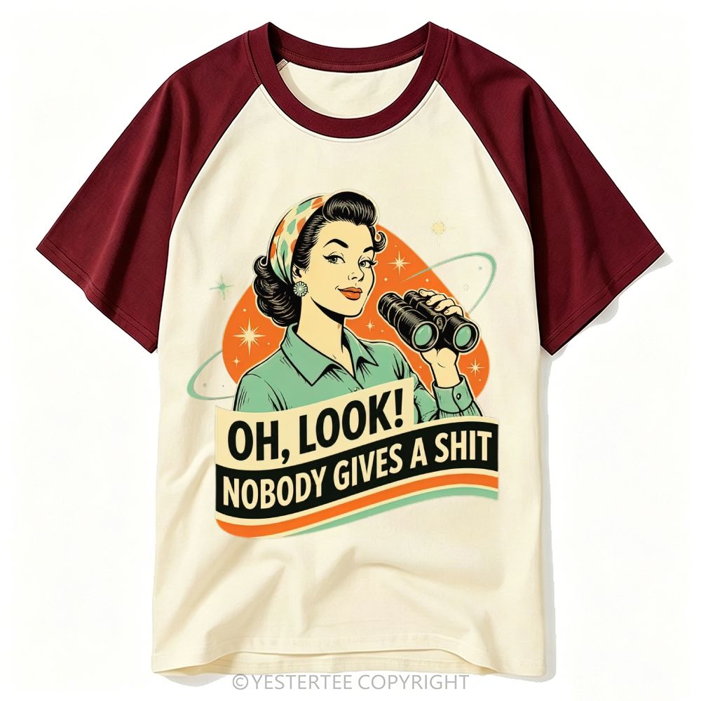 Mid-Century Retro Space Pin-Up Woman Binoculars Sassy Rude Text Baseball T-shirt