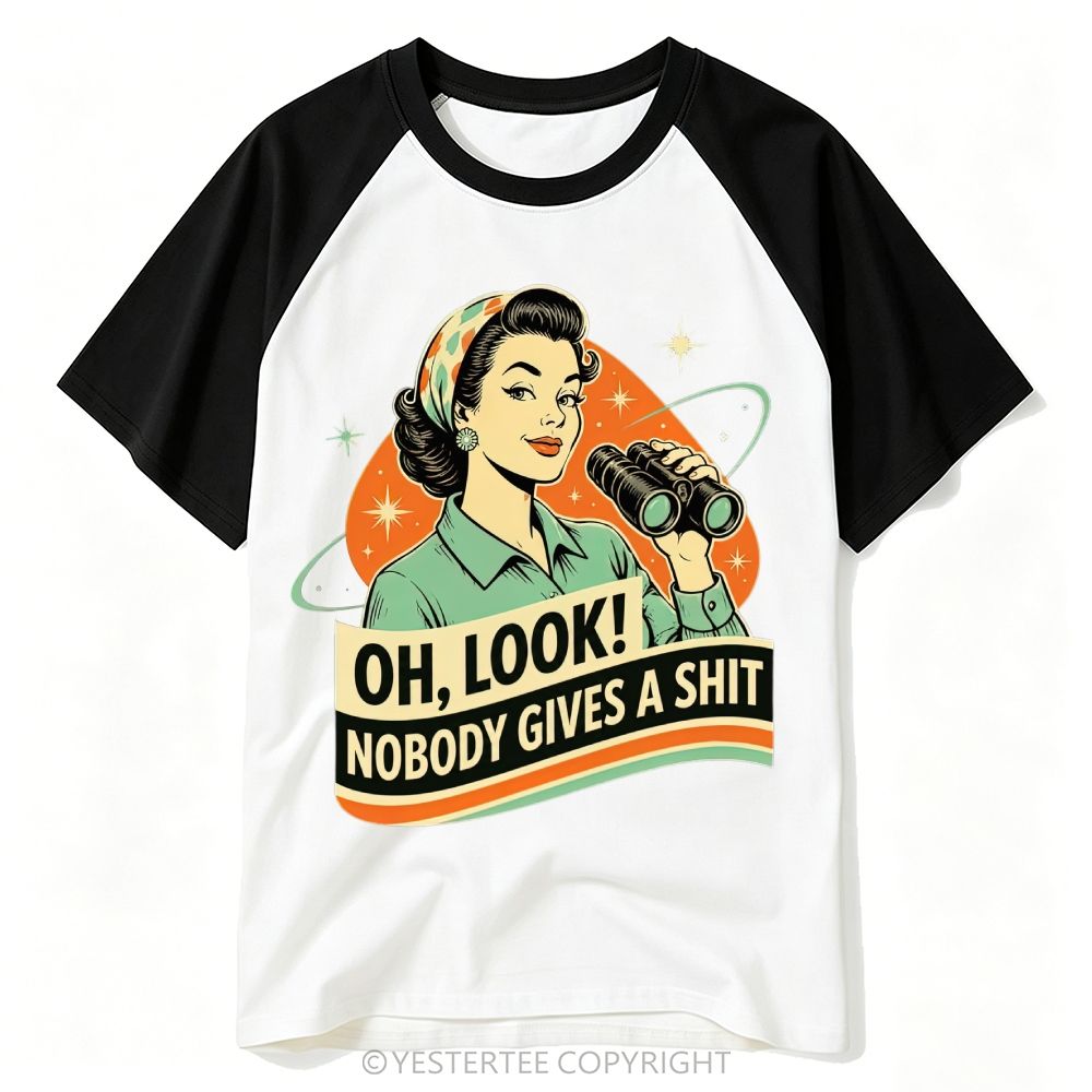 Mid-Century Retro Space Pin-Up Woman Binoculars Sassy Rude Text Baseball T-shirt