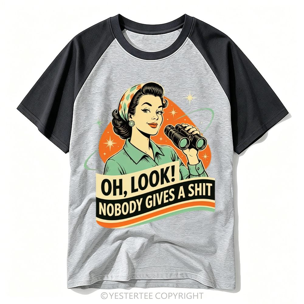 Mid-Century Retro Space Pin-Up Woman Binoculars Sassy Rude Text Baseball T-shirt