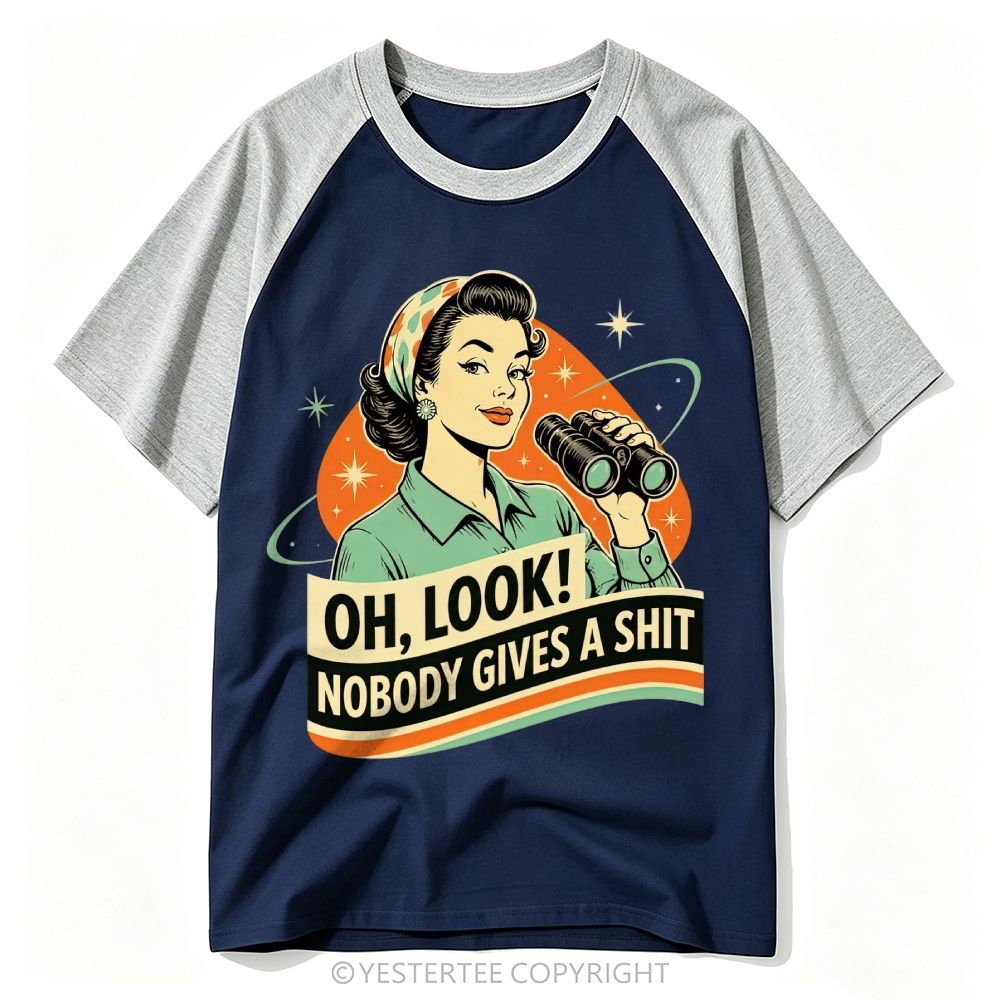 Mid-Century Retro Space Pin-Up Woman Binoculars Sassy Rude Text Baseball T-shirt