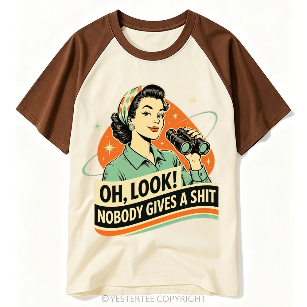 Mid-Century Retro Space Pin-Up Woman Binoculars Sassy Rude Text Baseball T-shirt