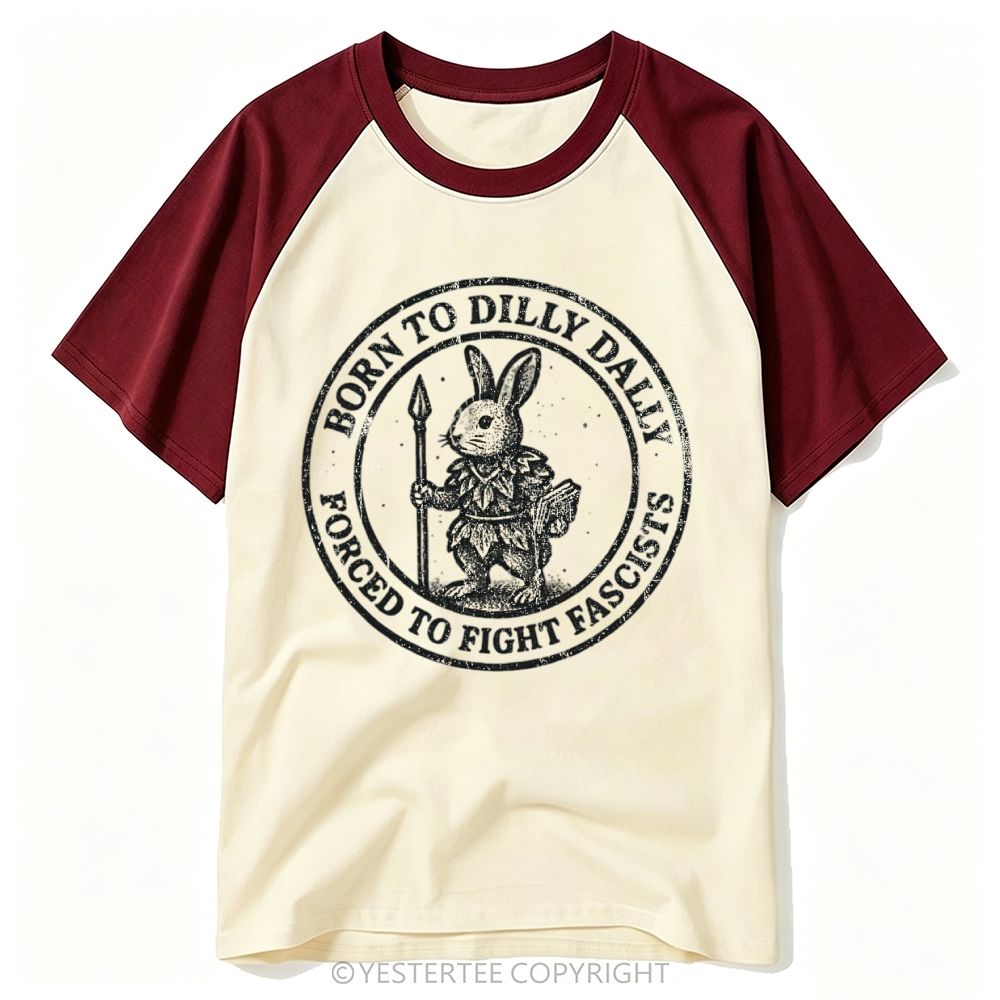 Distressed Circular Badge Spear Rabbit Anti-Fascist Text Baseball T-shirt 