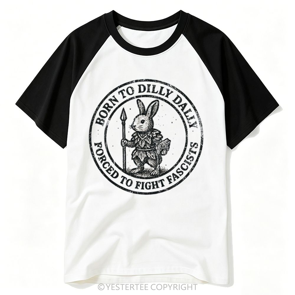 Distressed Circular Badge Spear Rabbit Anti-Fascist Text Baseball T-shirt 