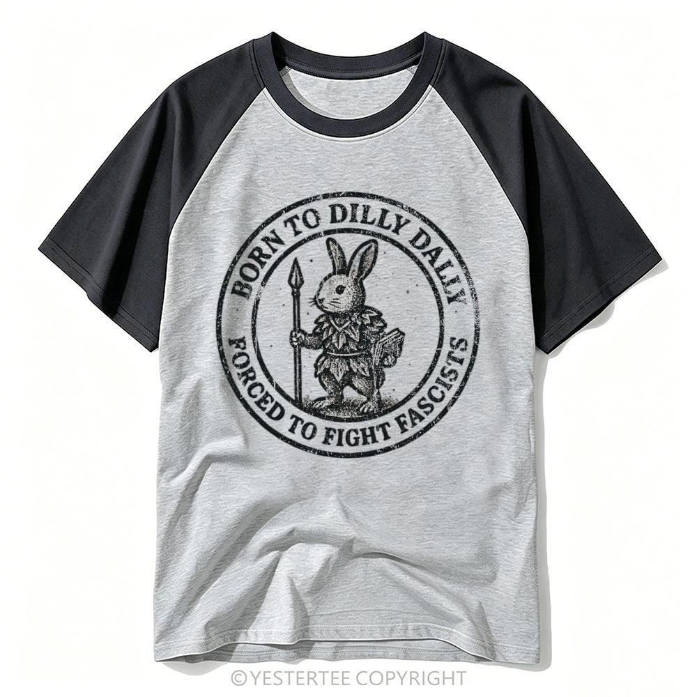 Distressed Circular Badge Spear Rabbit Anti-Fascist Text Baseball T-shirt 