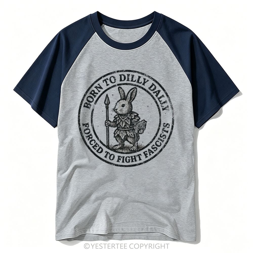 Distressed Circular Badge Spear Rabbit Anti-Fascist Text Baseball T-shirt 