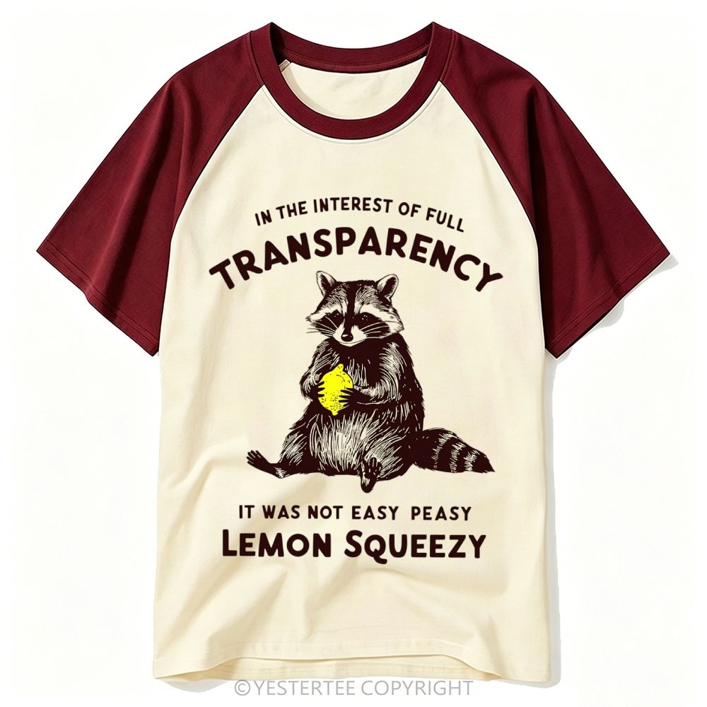 Engraved Raccoon Holding Lemon Pun Transparency Quote Baseball T-shirt 