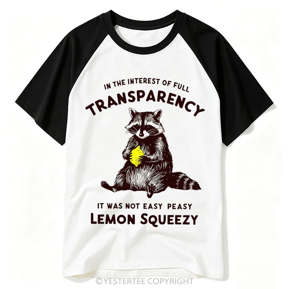 Engraved Raccoon Holding Lemon Pun Transparency Quote Baseball T-shirt 