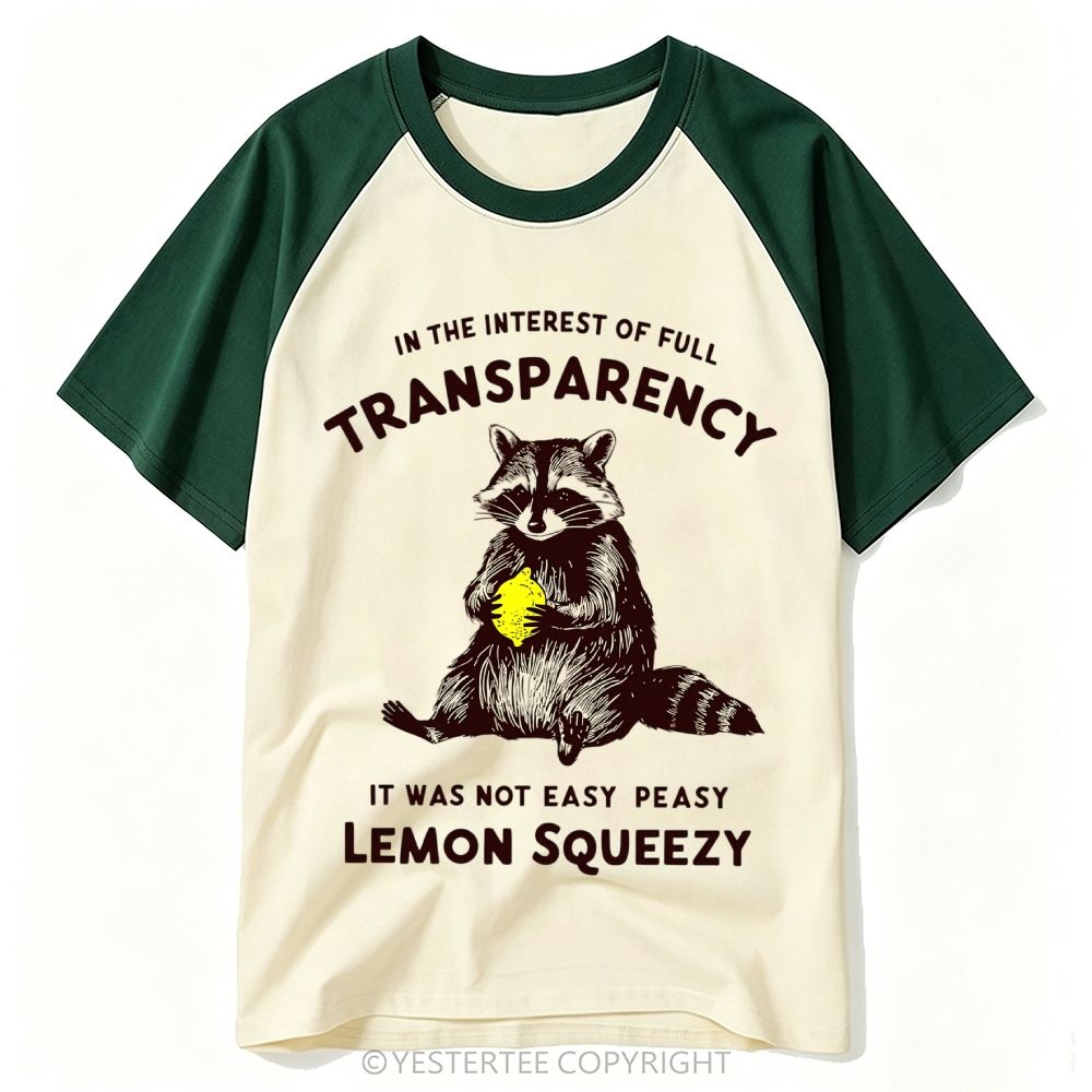 Engraved Raccoon Holding Lemon Pun Transparency Quote Baseball T-shirt 
