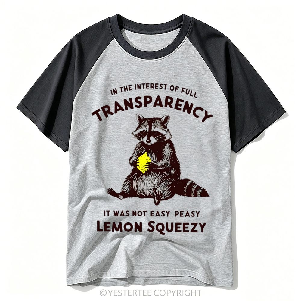 Engraved Raccoon Holding Lemon Pun Transparency Quote Baseball T-shirt 