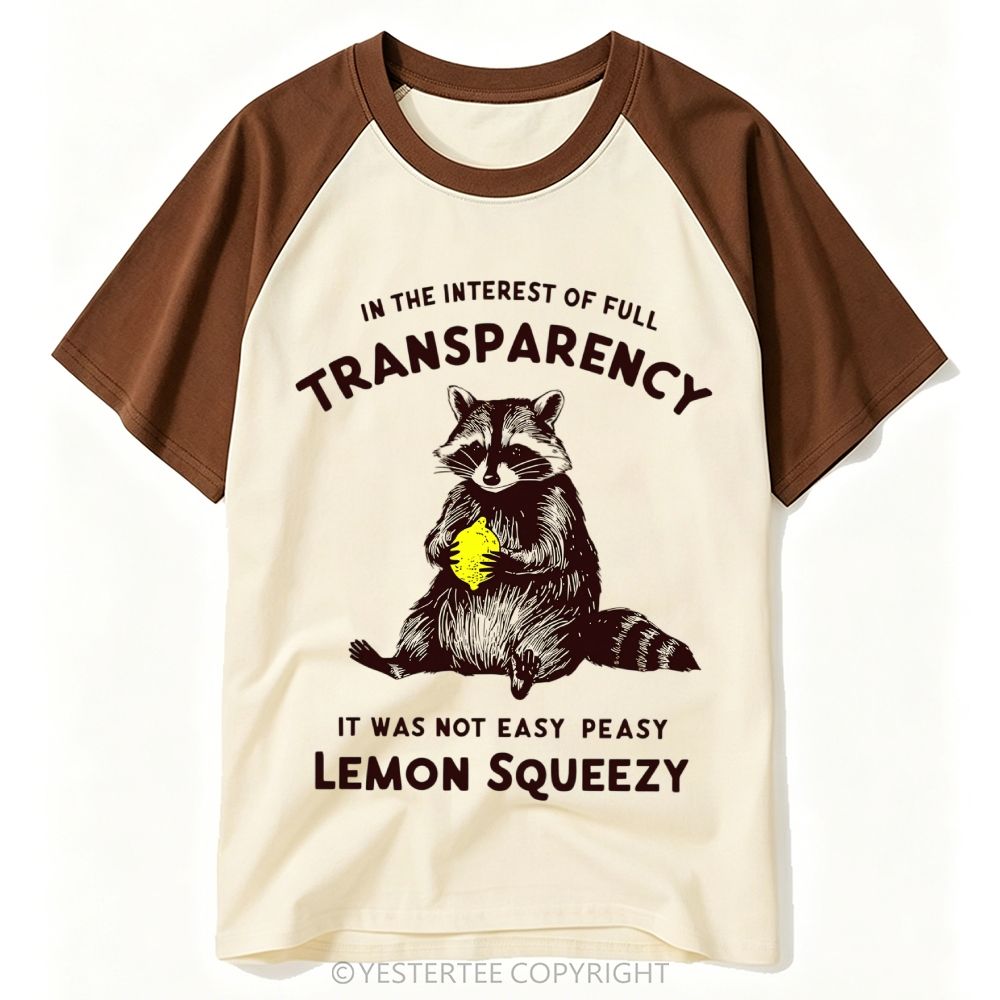 Engraved Raccoon Holding Lemon Pun Transparency Quote Baseball T-shirt 