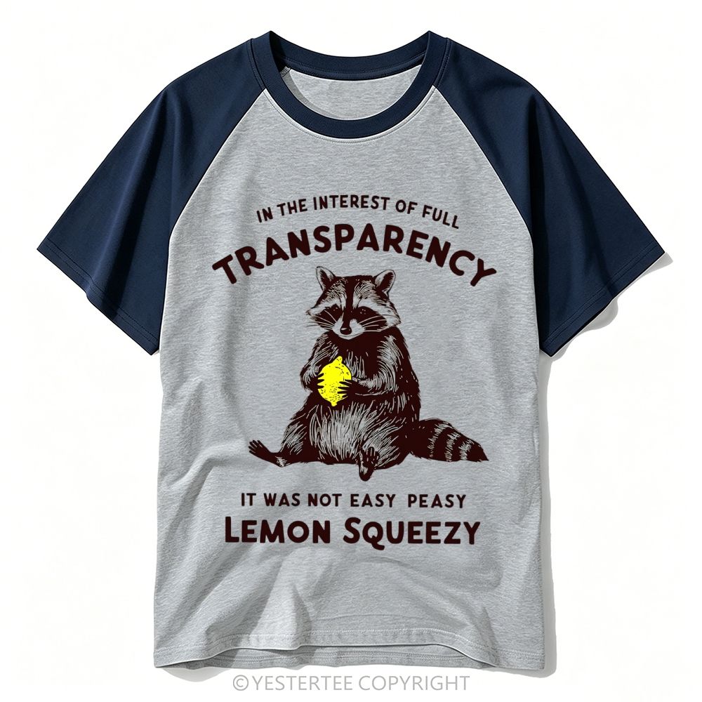 Engraved Raccoon Holding Lemon Pun Transparency Quote Baseball T-shirt 