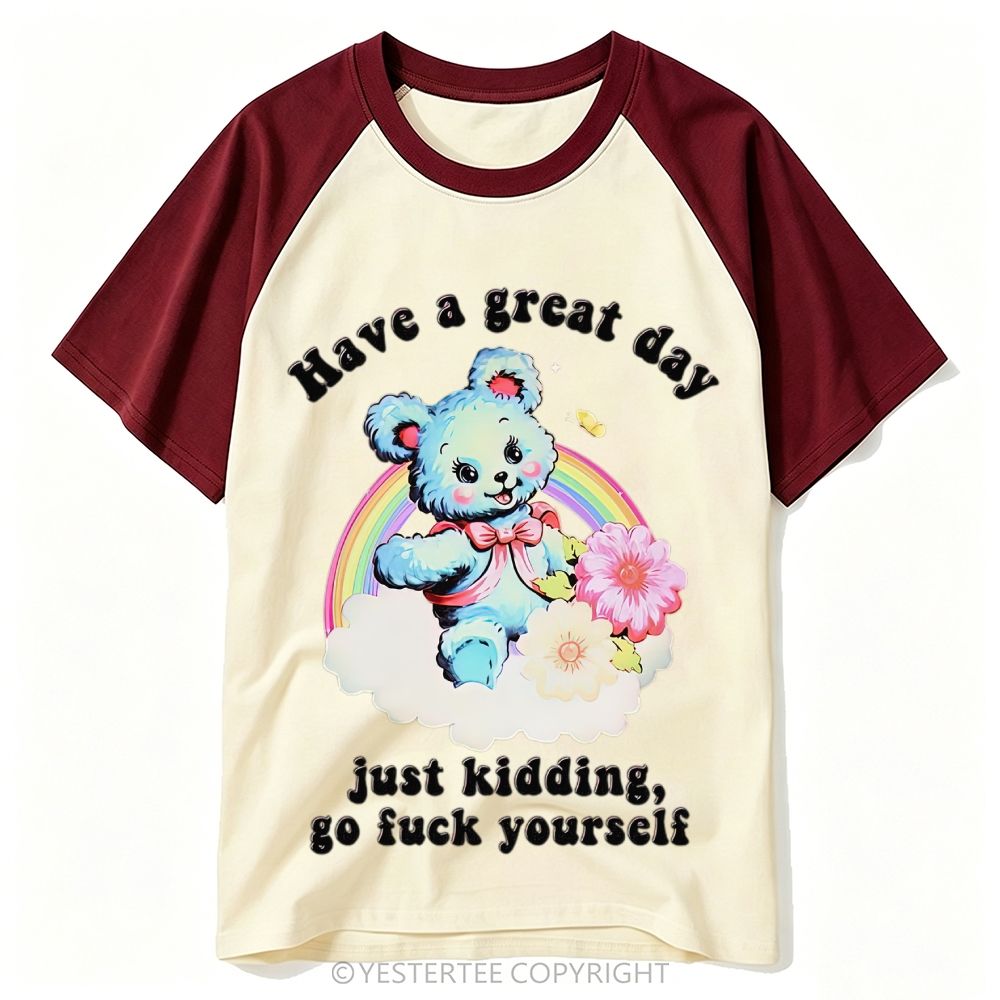 Kitsch Rainbow Cloud Blue Teddy Bear Contrast Crude Slogan Baseball T-shirt 