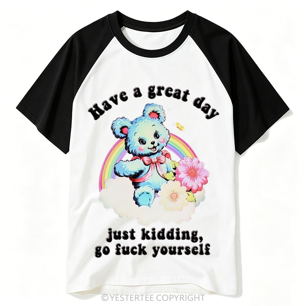 Kitsch Rainbow Cloud Blue Teddy Bear Contrast Crude Slogan Baseball T-shirt 