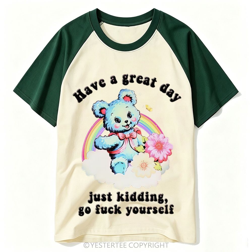 Kitsch Rainbow Cloud Blue Teddy Bear Contrast Crude Slogan Baseball T-shirt 